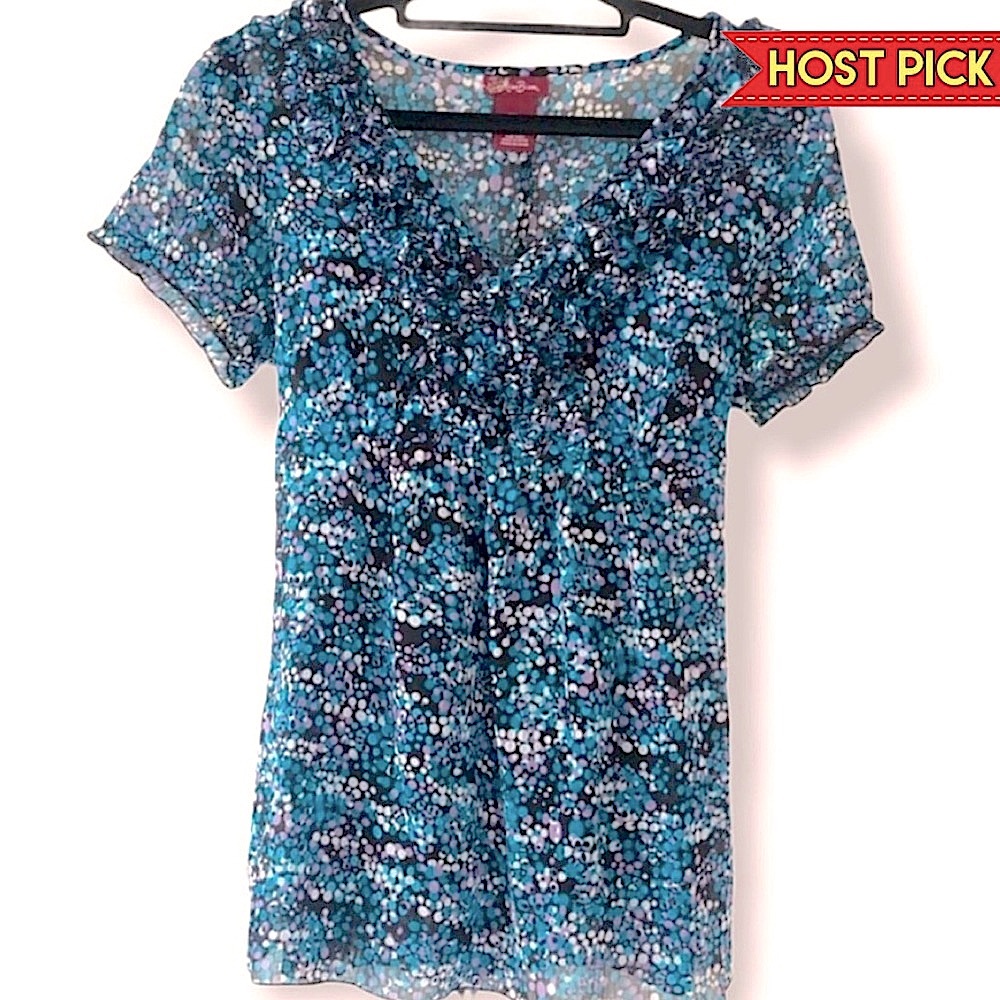 MISS BISOU | BLUE RUFFLED V-NECK BLOUSE